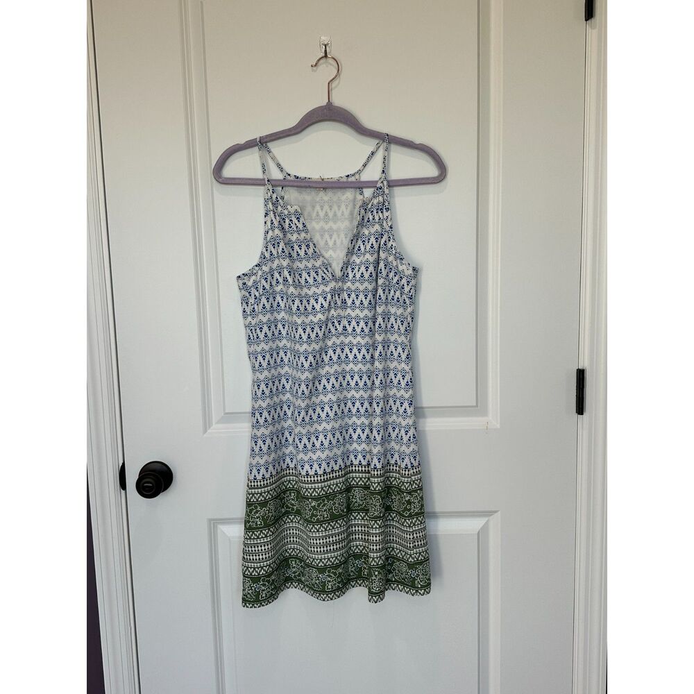 Skies are Blue Blue White Green Print Split Neck Sundress Size XS